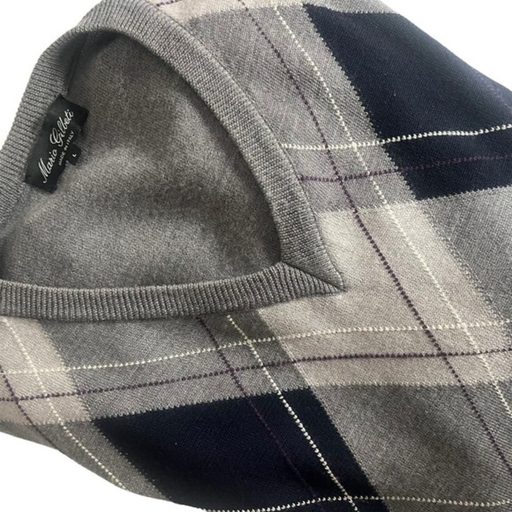 Mario Gilberti Argyle Sweater‎ Mens L Grey Navy Merino Wool V-Neck Made in Italy - Picture 5 of 12